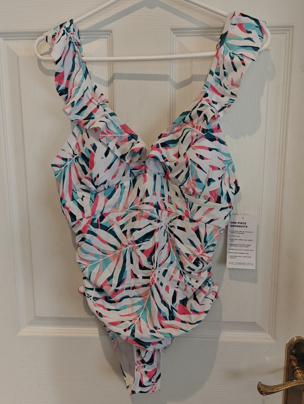 WILDBREATH Tropical Leaf Print Ruffle V-Neck One Piece Bathing Suit